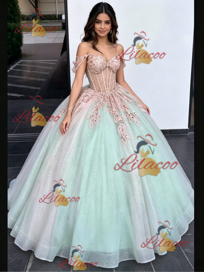 Green Tulle Off the Shoulder Appliques Quinceanera Dress
