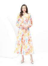 Retro Lace Lantern Sleeve Long Printed Dress