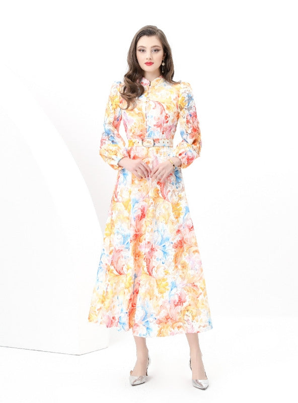 Retro Lace Lantern Sleeve Long Printed Dress