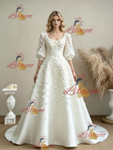 White Square Neck Puff Sleeve Flower Wedding Dress