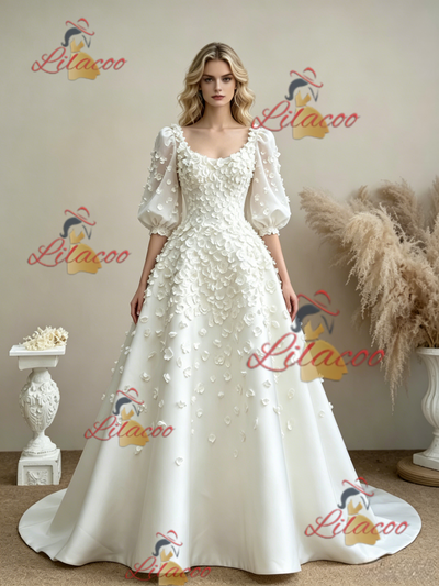 White Square Neck Puff Sleeve Flower Wedding Dress