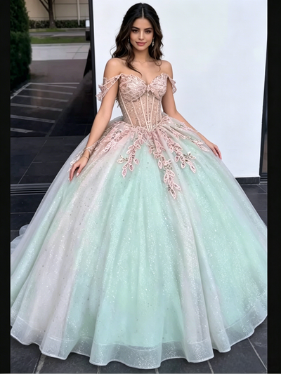 Green Tulle Off the Shoulder Appliques Quinceanera Dress