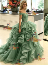 Green Tulle Off the Lace Prom Dress
