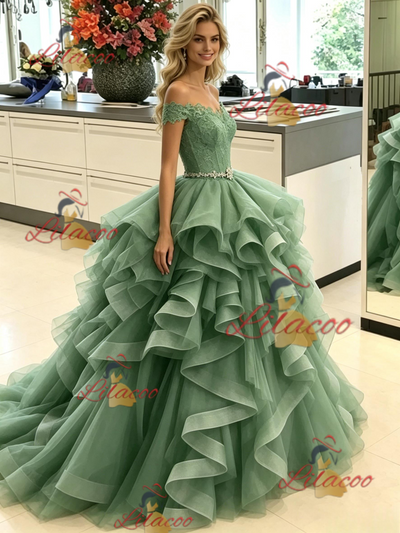 Green Tulle Off the Lace Prom Dress