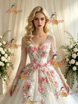 White Tulle V-neck Long Sleeve Appliques Wedding Dress