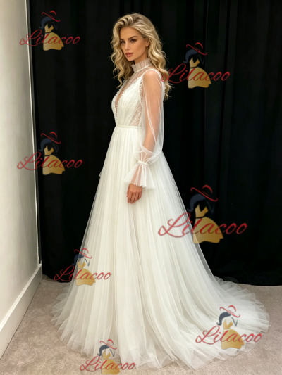 White Tulle Long Sleeve Pleats Wedding Dress