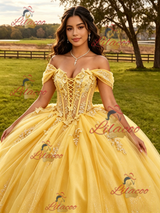 Yellow Tulle Off the Shoulder Appliques Quinceanera Dress