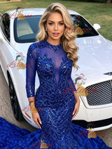 Blue Mermaid Sequins Short Sleeve Prom Dress
