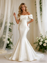 Beige White Satin Mermaid Off the Shoulder Bow Wedding Dress