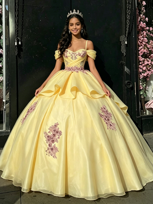 Yellow Tulle Sapghetti Straps Appliques Quinceanera Dress