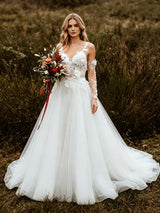 White Lace Tulle Straps Appliques Wedding Dress