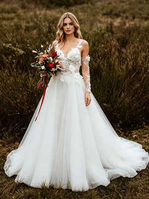 White Lace Tulle Straps Appliques Wedding Dress