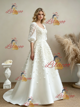 White Square Neck Puff Sleeve Flower Wedding Dress