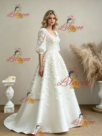 White Square Neck Puff Sleeve Flower Wedding Dress