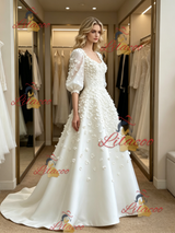 White Square Neck Puff Sleeve Flower Wedding Dress