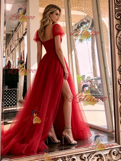 Red Tulle Puff Sleeve Puff Sleeve Prom Dress