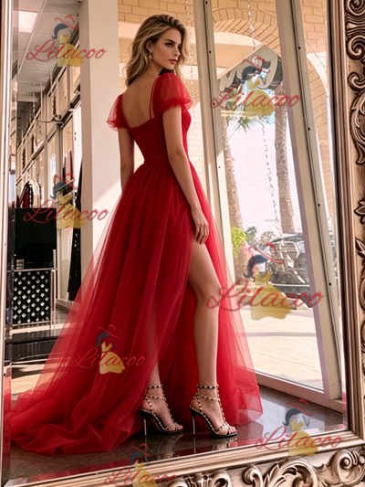 Red Tulle Puff Sleeve Puff Sleeve Prom Dress