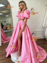 Pink Satin Puff Sleeve Prom Dress