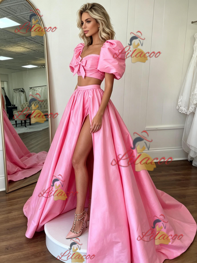 Pink Satin Puff Sleeve Prom Dress