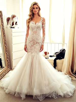 White Mermaid Lace Long Sleeve Wedding Dress