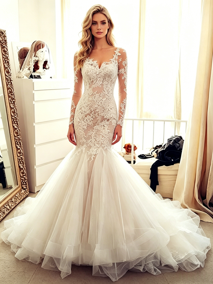 White Mermaid Lace Long Sleeve Wedding Dress