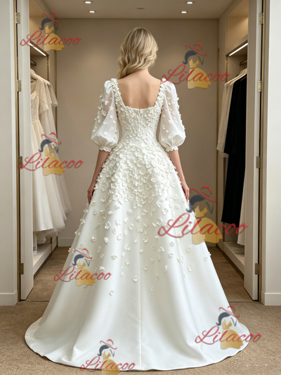 White Square Neck Puff Sleeve Flower Wedding Dress