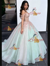 Green Tulle Off the Shoulder Appliques Quinceanera Dress