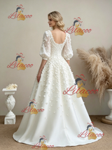 White Square Neck Puff Sleeve Flower Wedding Dress