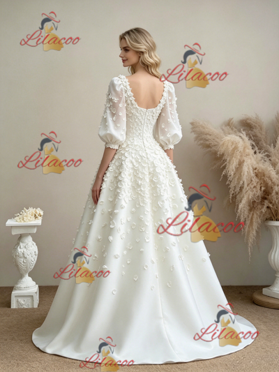 White Square Neck Puff Sleeve Flower Wedding Dress