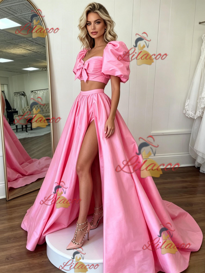 Pink Satin Puff Sleeve Prom Dress