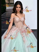 Green Tulle Off the Shoulder Appliques Quinceanera Dress