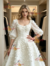 White Square Neck Puff Sleeve Flower Wedding Dress