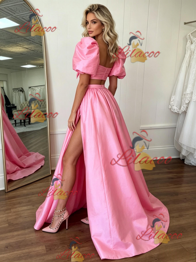 Pink Satin Puff Sleeve Prom Dress