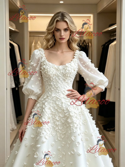 White Square Neck Puff Sleeve Flower Wedding Dress