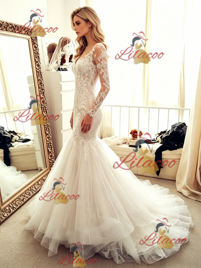 White Mermaid Lace Long Sleeve Wedding Dress