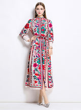 Retro Lapel Print Slim Long Sleeve Dress