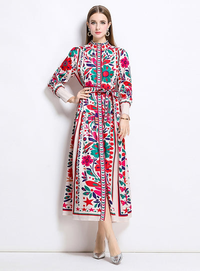 Retro Lapel Print Slim Long Sleeve Dress