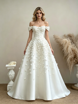 White Off the Shoulder Flower Wedding Dress
