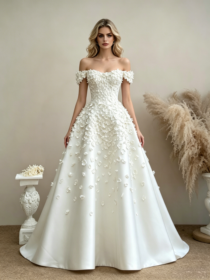 White Off the Shoulder Flower Wedding Dress
