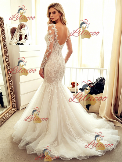 White Mermaid Lace Long Sleeve Wedding Dress