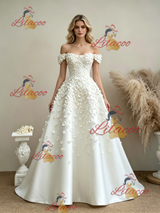 White Off the Shoulder Flower Wedding Dress