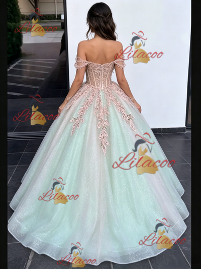 Green Tulle Off the Shoulder Appliques Quinceanera Dress