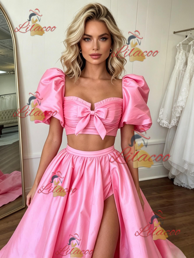 Pink Satin Puff Sleeve Prom Dress