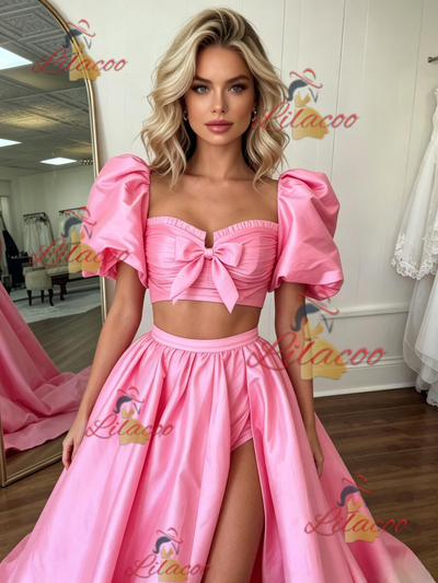 Pink Satin Puff Sleeve Prom Dress