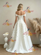 White Off the Shoulder Flower Wedding Dress