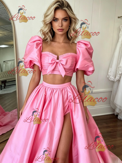 Pink Satin Puff Sleeve Prom Dress