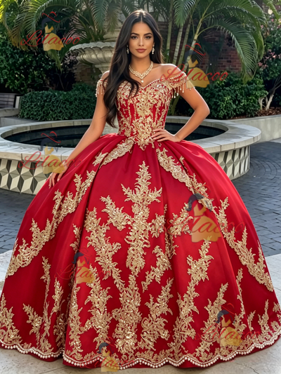 Red Tulle Off the Shoulder Appliques Quinceanera Dress