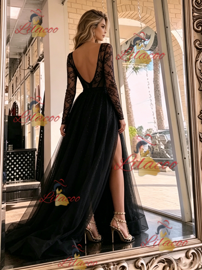 Black Tulle V-neck Long Sleeve Prom Dress