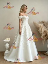 White Off the Shoulder Flower Wedding Dress