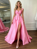Pink Satin Straps Pleats Prom Dress
